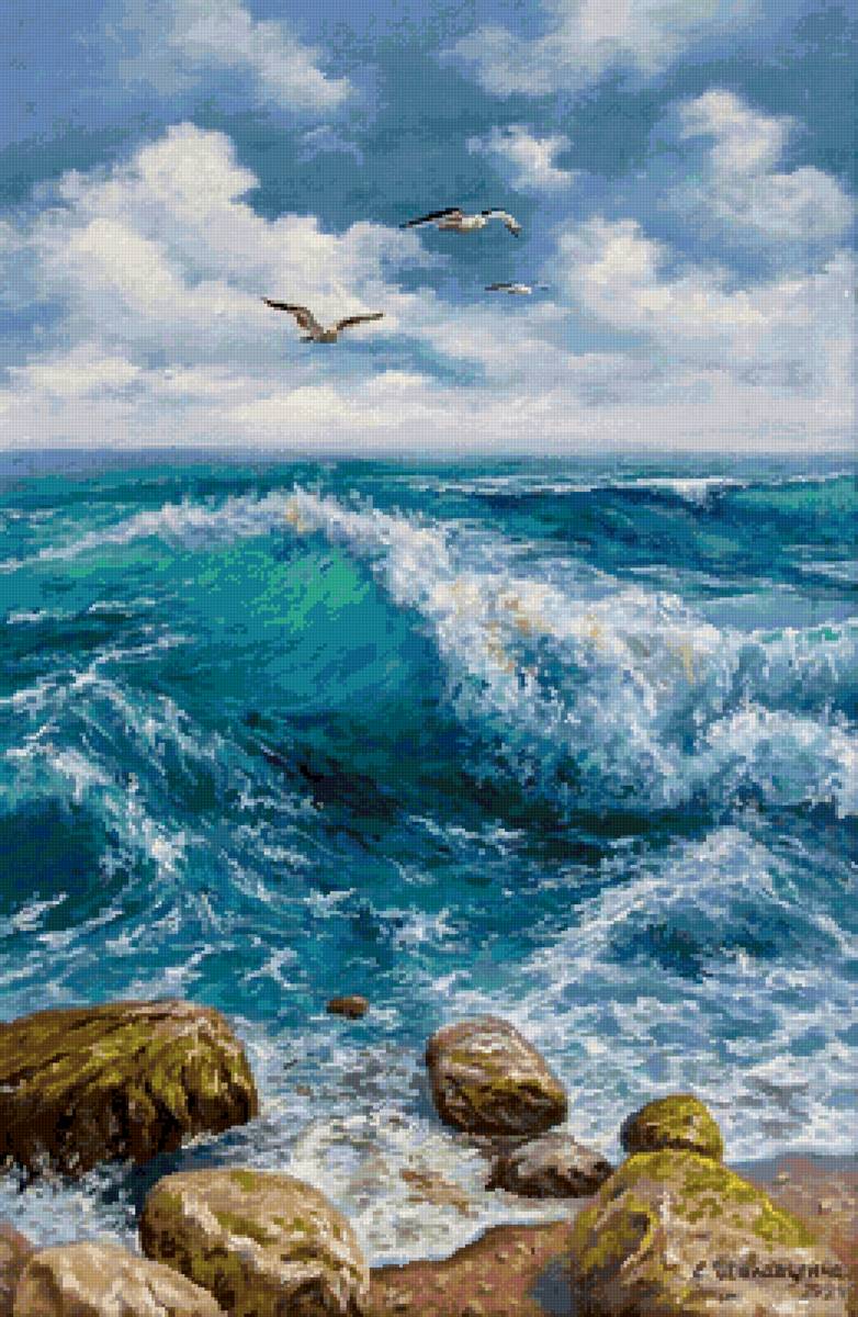 Чайки над волной - волна, чайки, море - предпросмотр