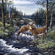 Схема вышивки «Олени на водопое»