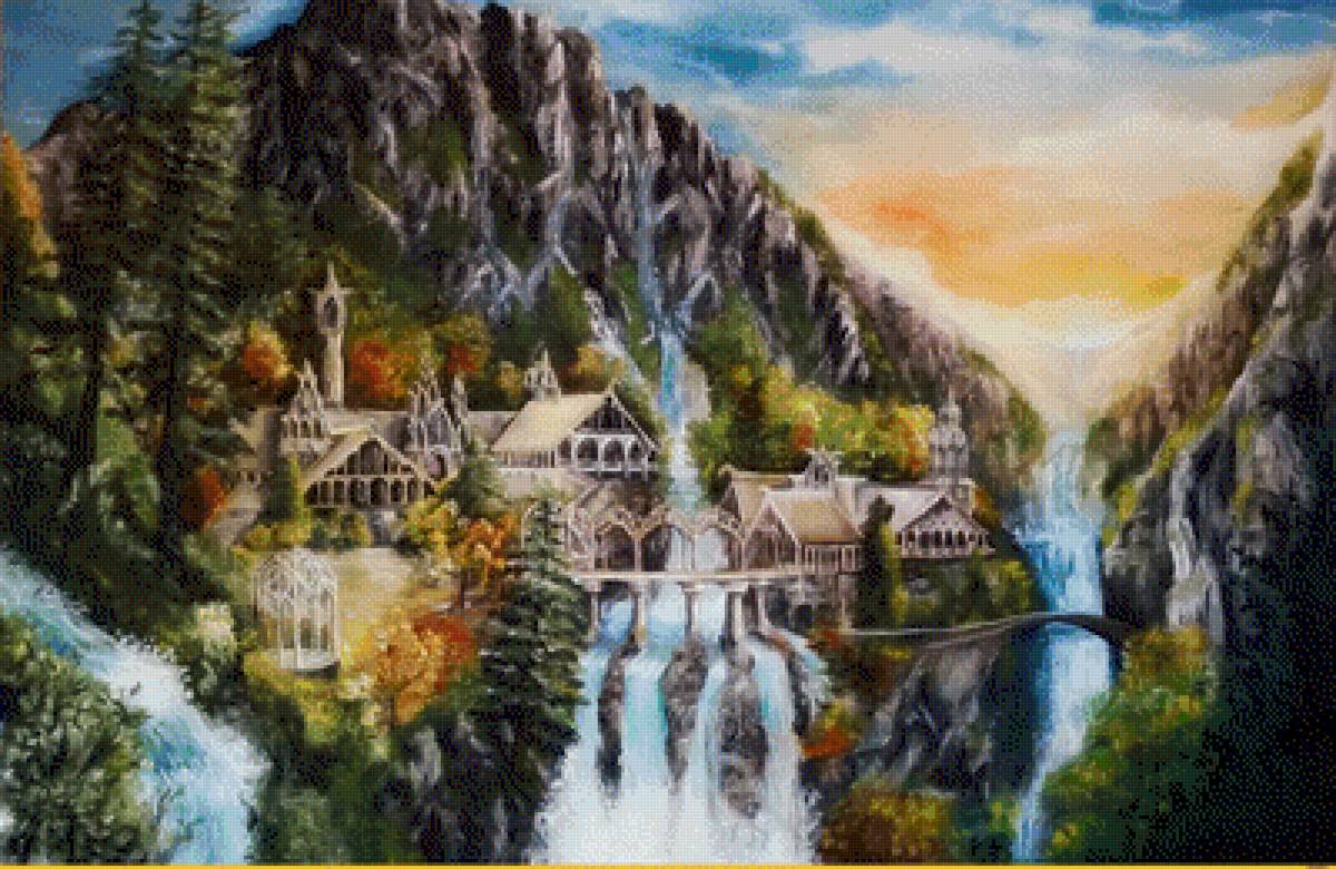 Ривенделл - замок, природа., водопад, горы - предпросмотр