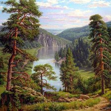 Схема вышивки «Сосны у озера.»