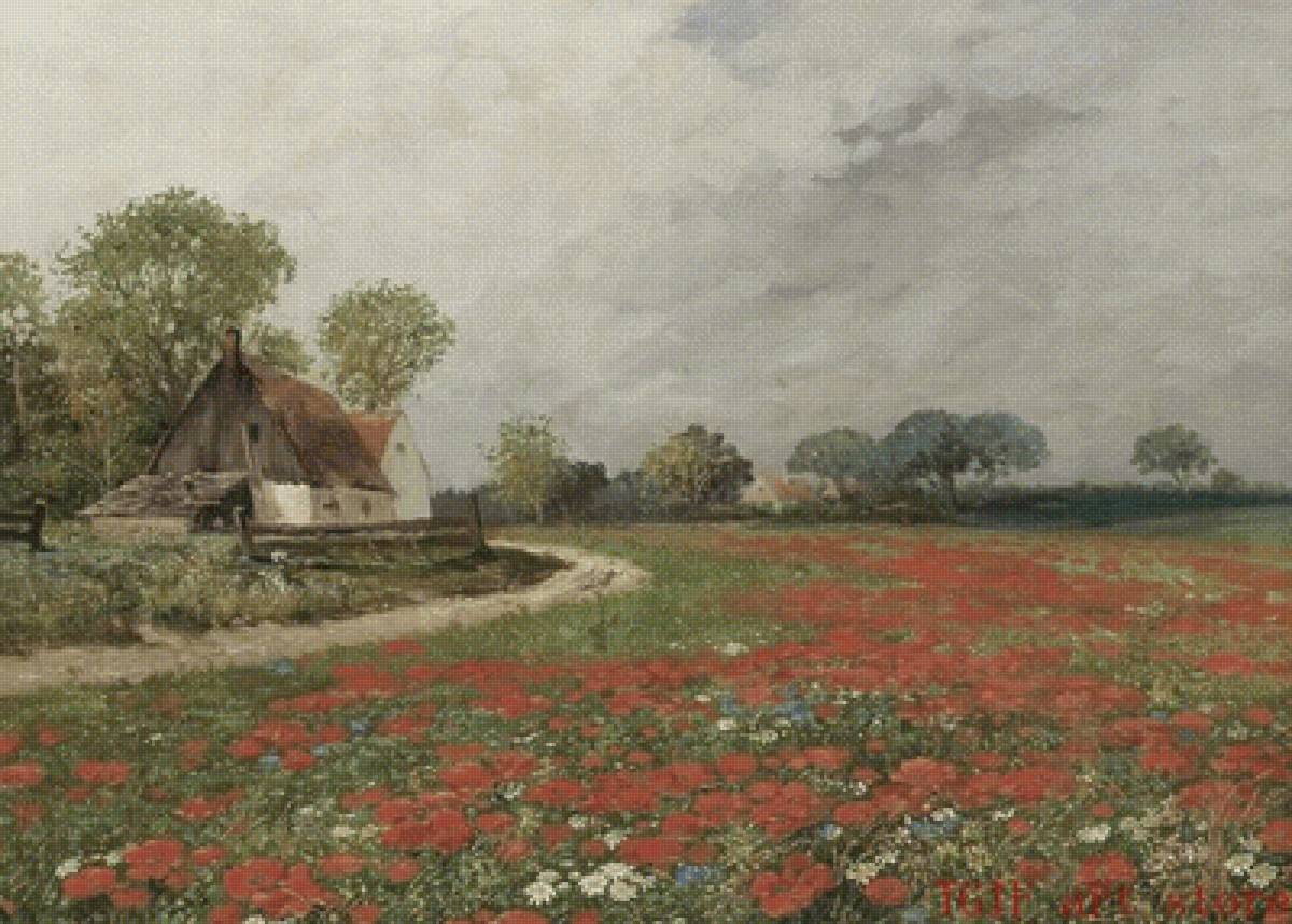 Хуторок - цветы, поле, домик, маки, природа - предпросмотр