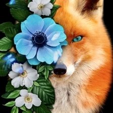 Схема вышивки «Лиса с голубым цветком 1/2»