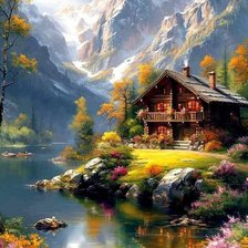 Схема вышивки «горный пейзаж с домиком»