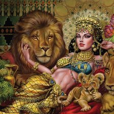 Схема вышивки «девушка со львами»