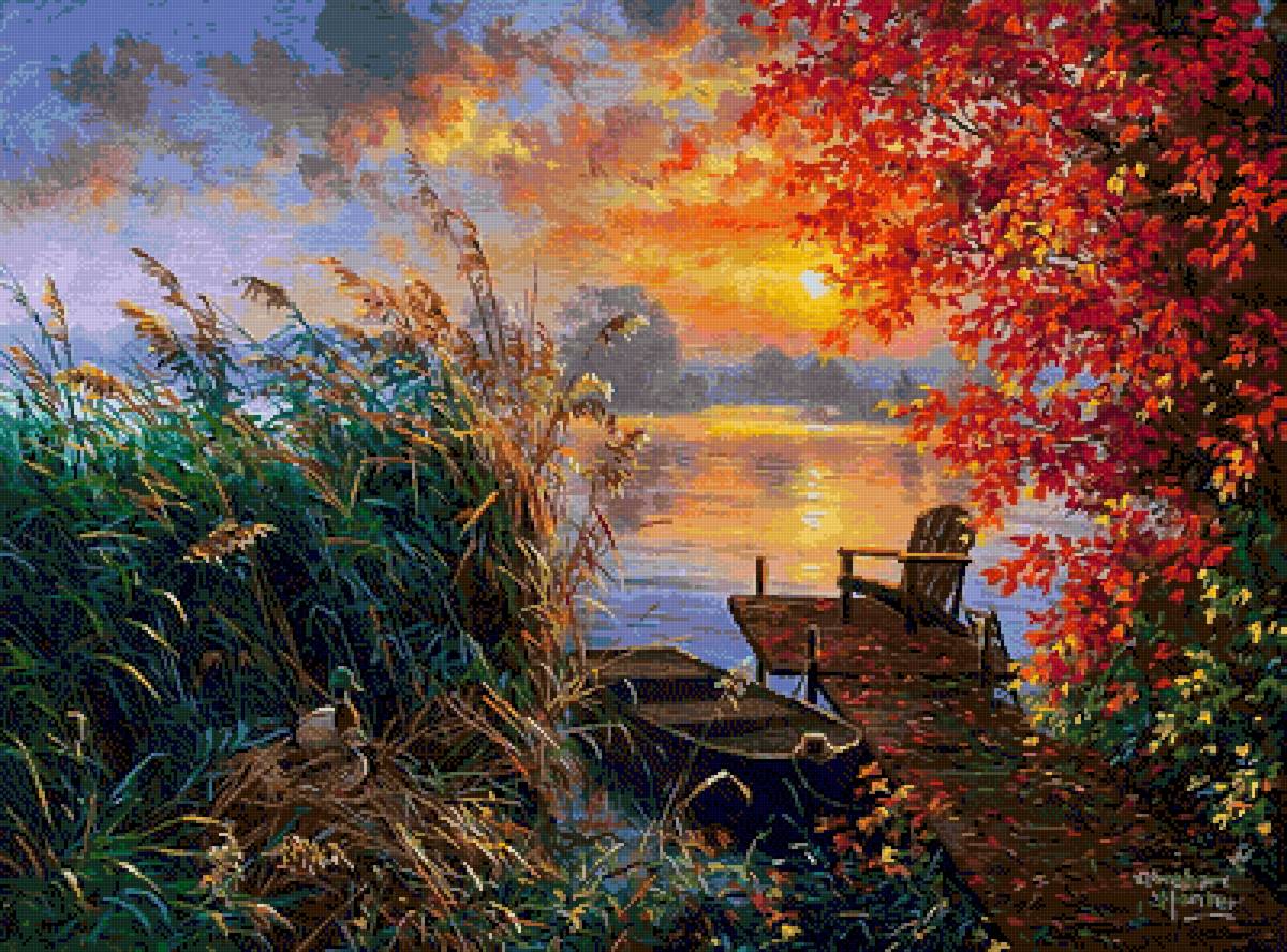 пейзаж - лодка, закат, река, мостик - предпросмотр