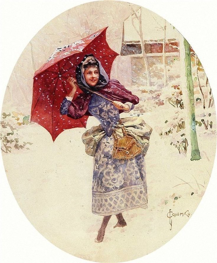 Прогулка по первому снегу Худ. Сергей Соломко - живопись, снег, зима, девушка - оригинал