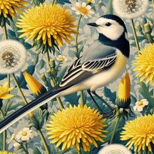 Схема вышивки «Трясогузка и одуванчики»