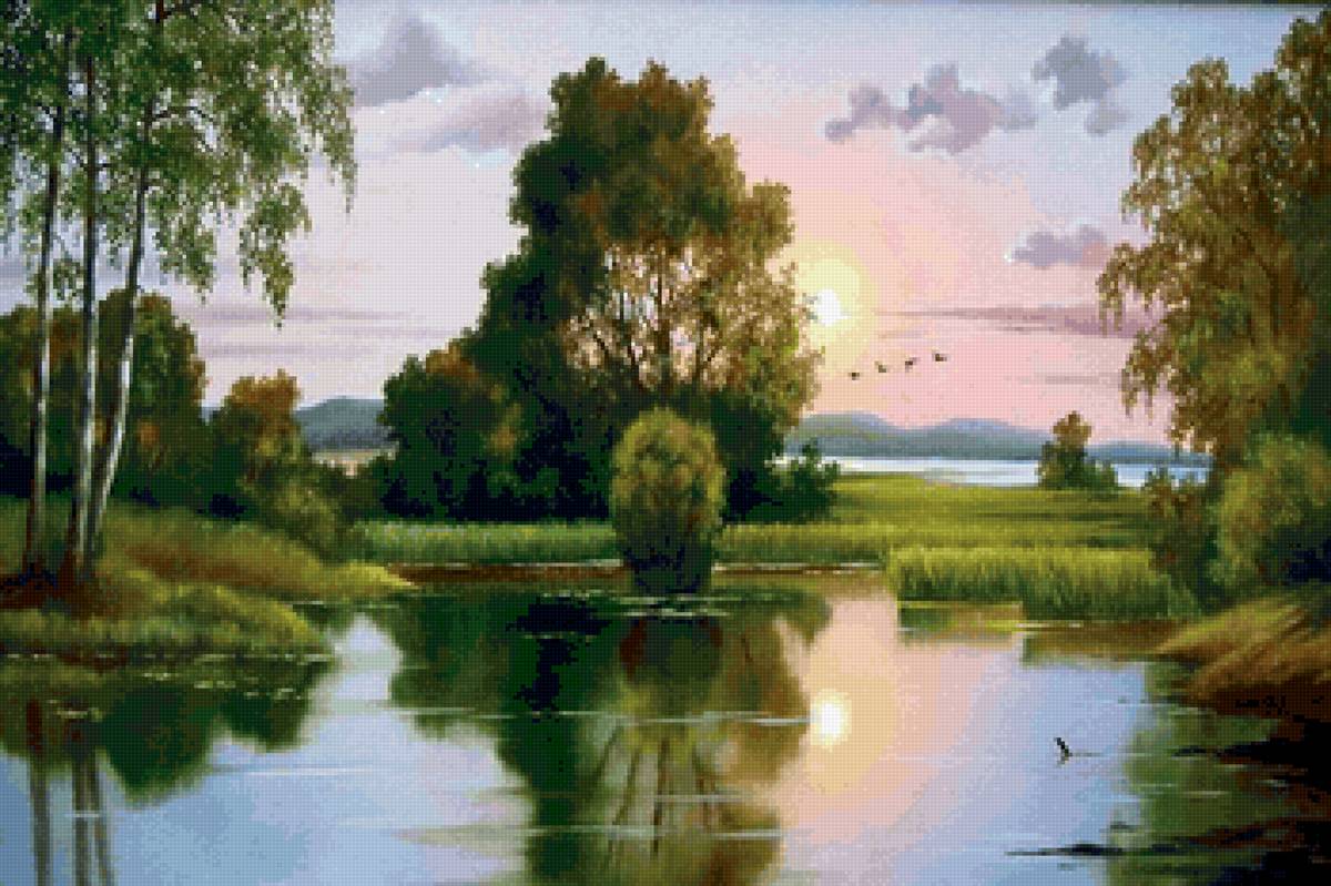 Закат - озеро, горы, птицы - предпросмотр