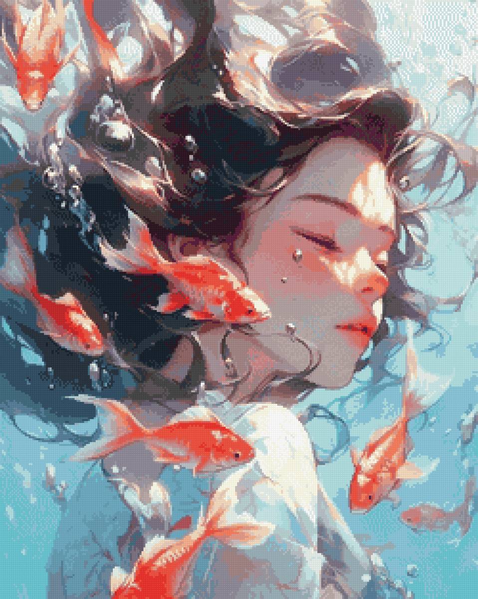 Девушка под водой с рыбками - предпросмотр