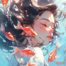 Девушка под водой с рыбками