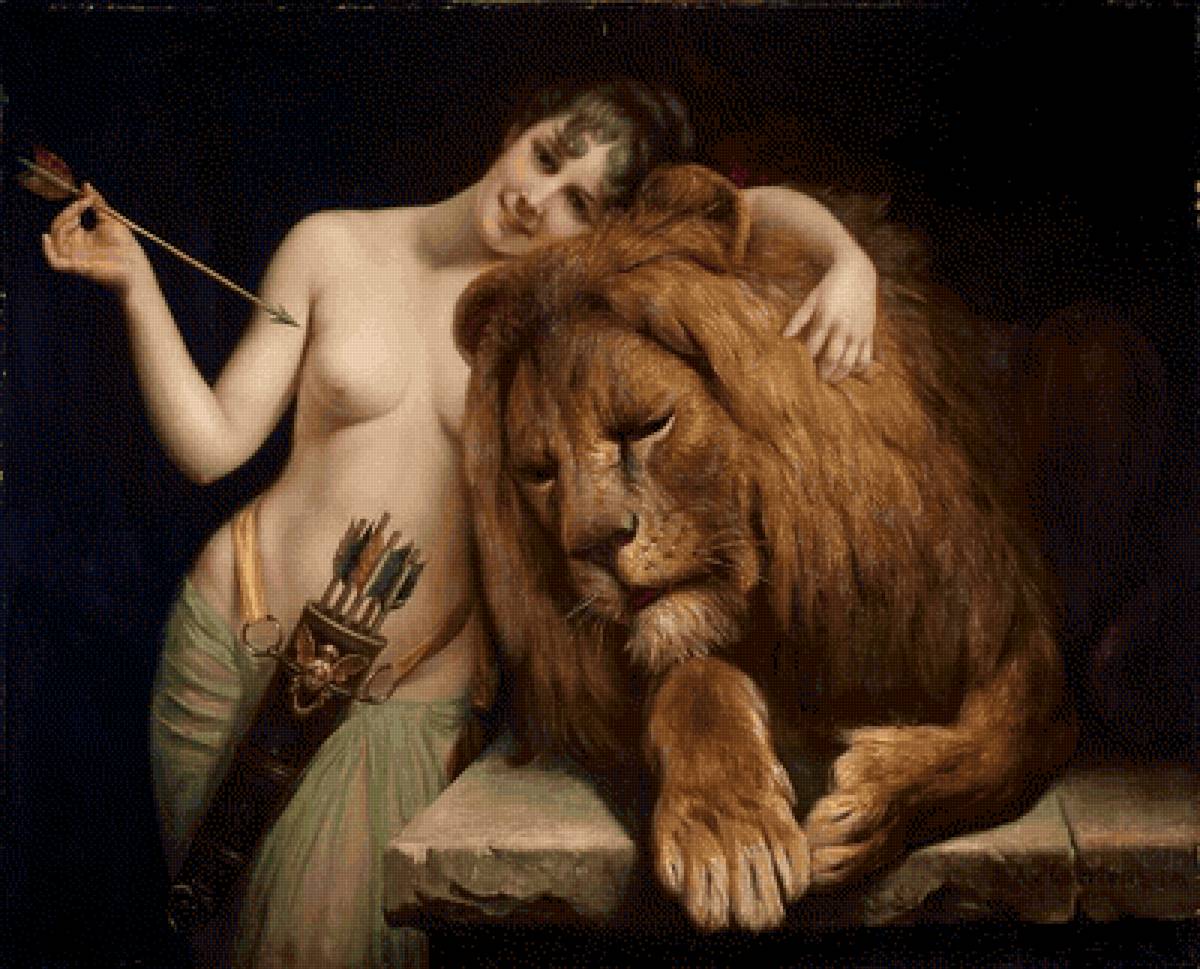 Богиня Диана со львом, 1906 г., Анджело фон Куртен - девушка и лев, богиня диана со львом, лев - предпросмотр