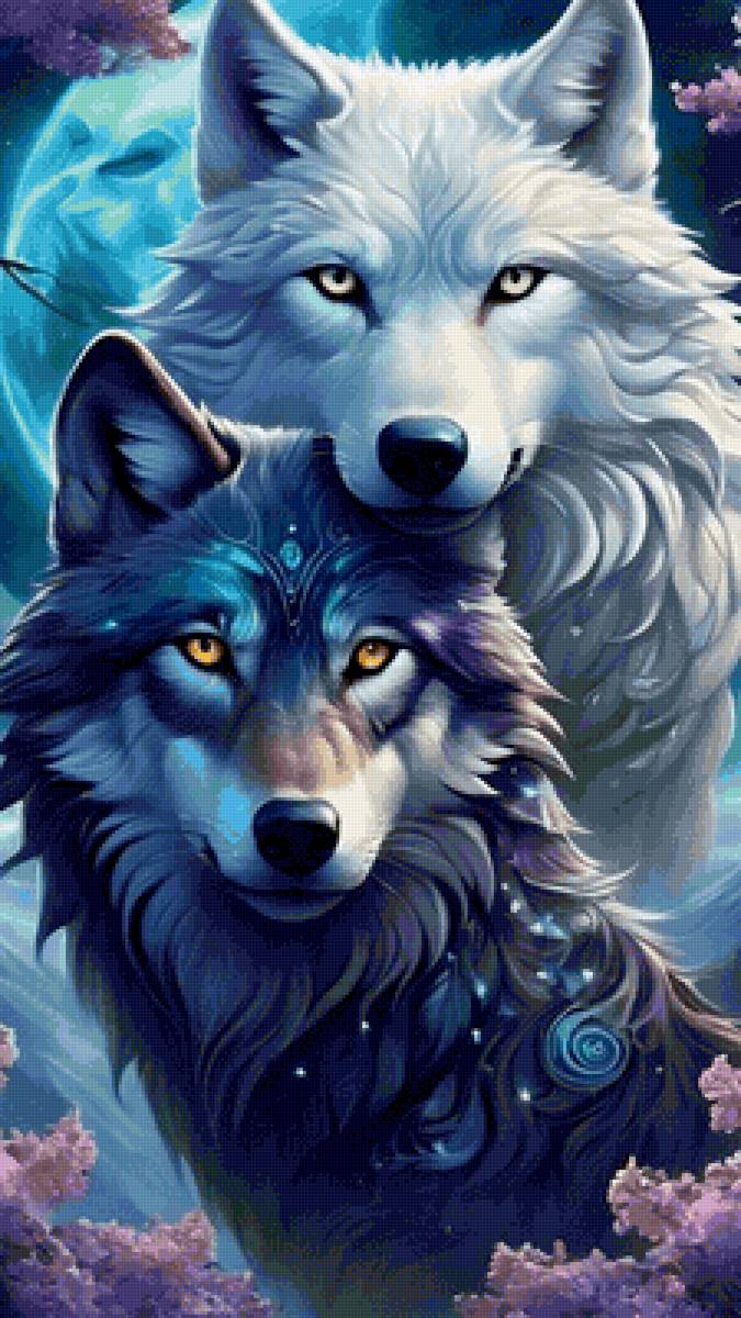 Lobos - pareja, noche, luna, lobos - предпросмотр