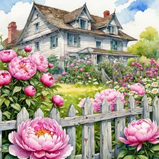 Схема вышивки «Дом и пионы»