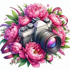 Схема вышивки «фотоаппарат и пионы»