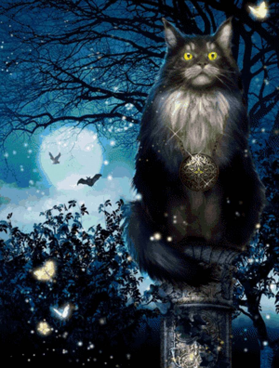 Кот Бабы Яги - коты, картина, лес, ночь - предпросмотр
