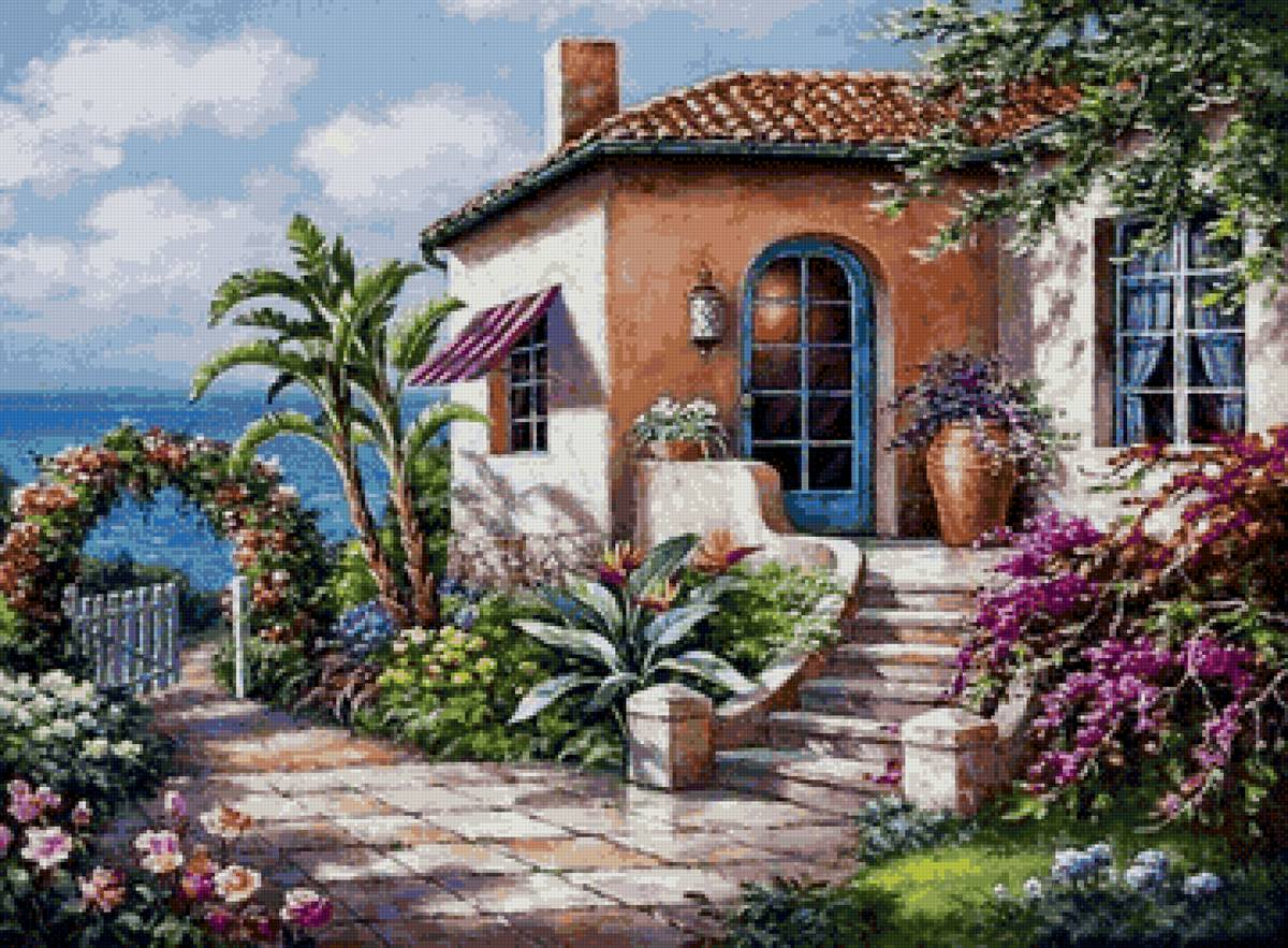 Дворик с видом на море - домик, море, природа, цветы - предпросмотр