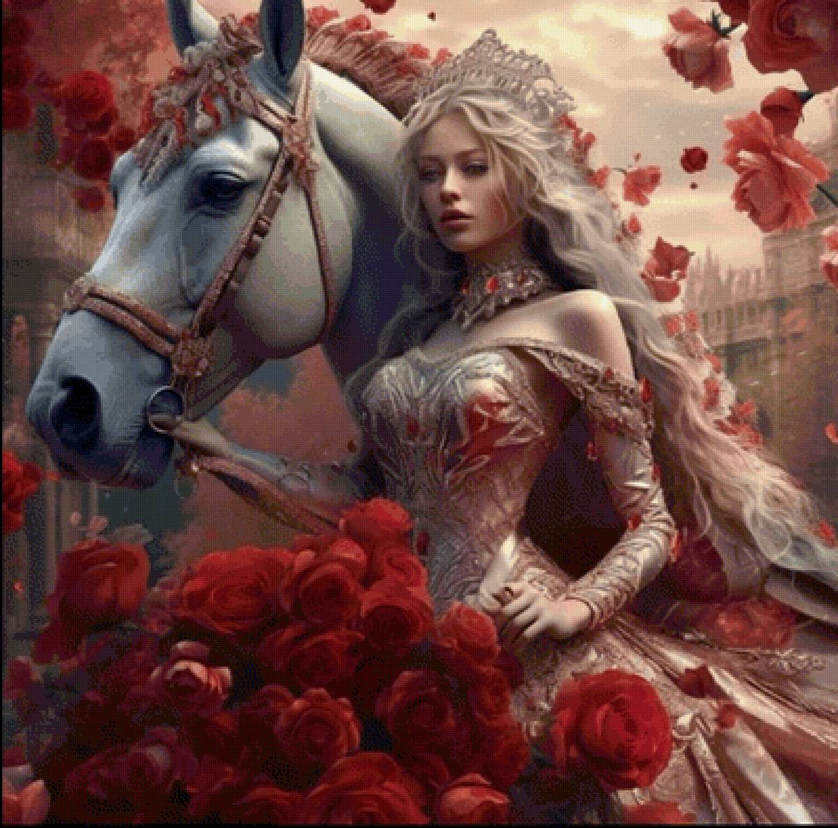 Девушка с белой лошадью - сад, нейросеть, живопись, девушка, розы - предпросмотр