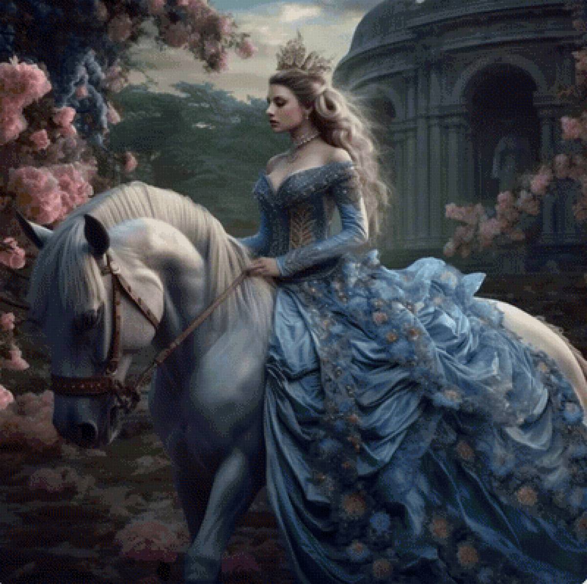 Девушка в голубом - живопись, девушка, кони, нейросеть - предпросмотр