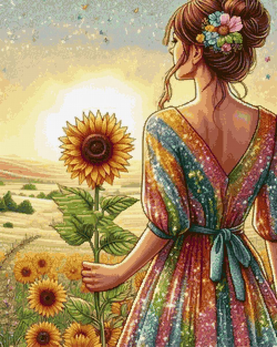 Девушка с подсолнухом - подсолнух, девушка, цветы - предпросмотр