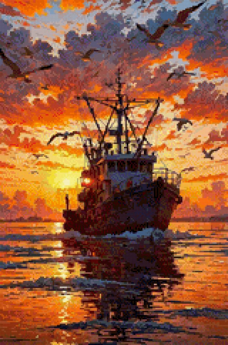 На рыбалку - чайки, море, корабль, рыбалка, солнце, закат - предпросмотр