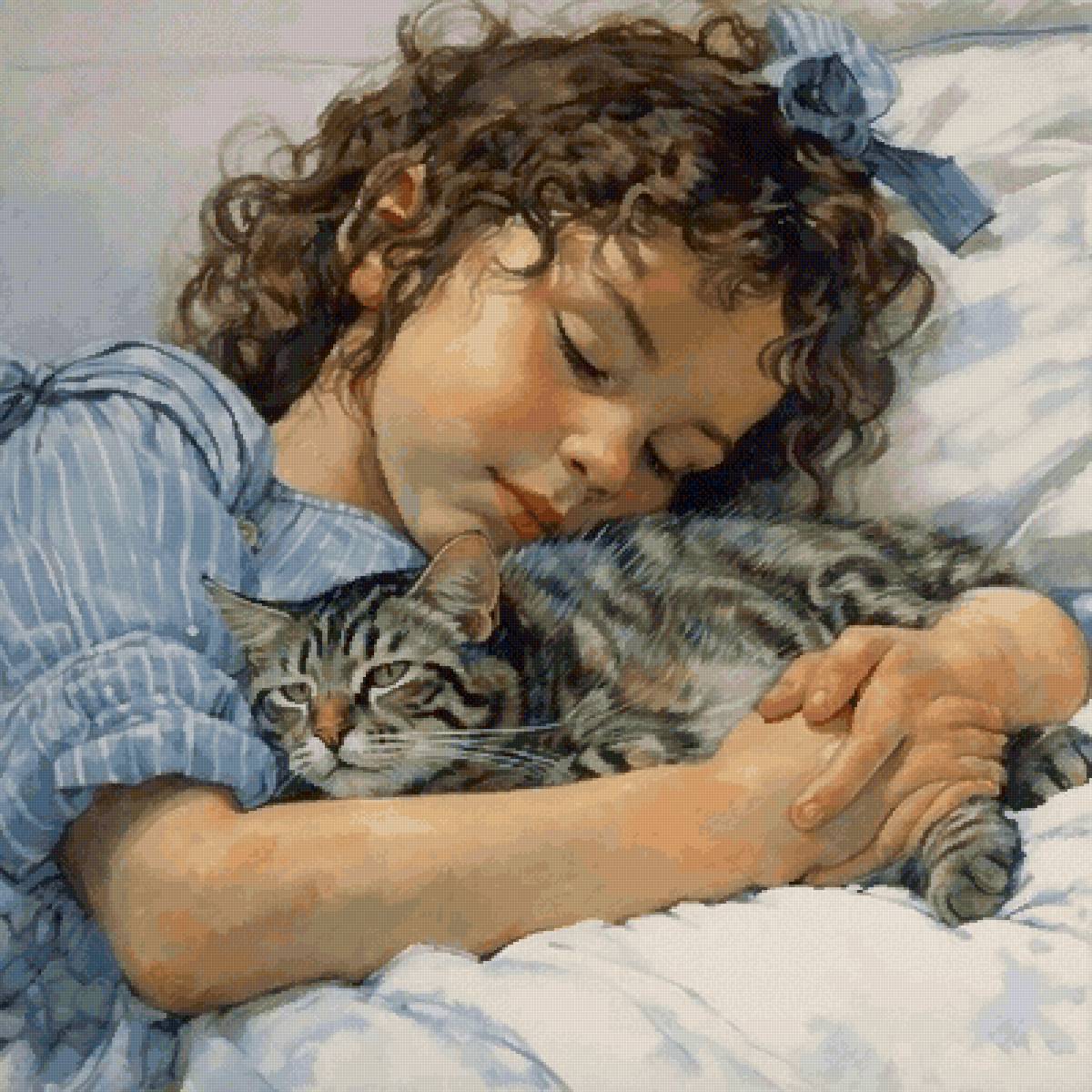 Спящая девочка с котом - ребенок, кот, сон - предпросмотр