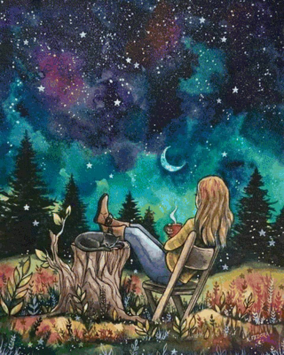 Звёздный вечер - вечер осень девушка звезды - предпросмотр