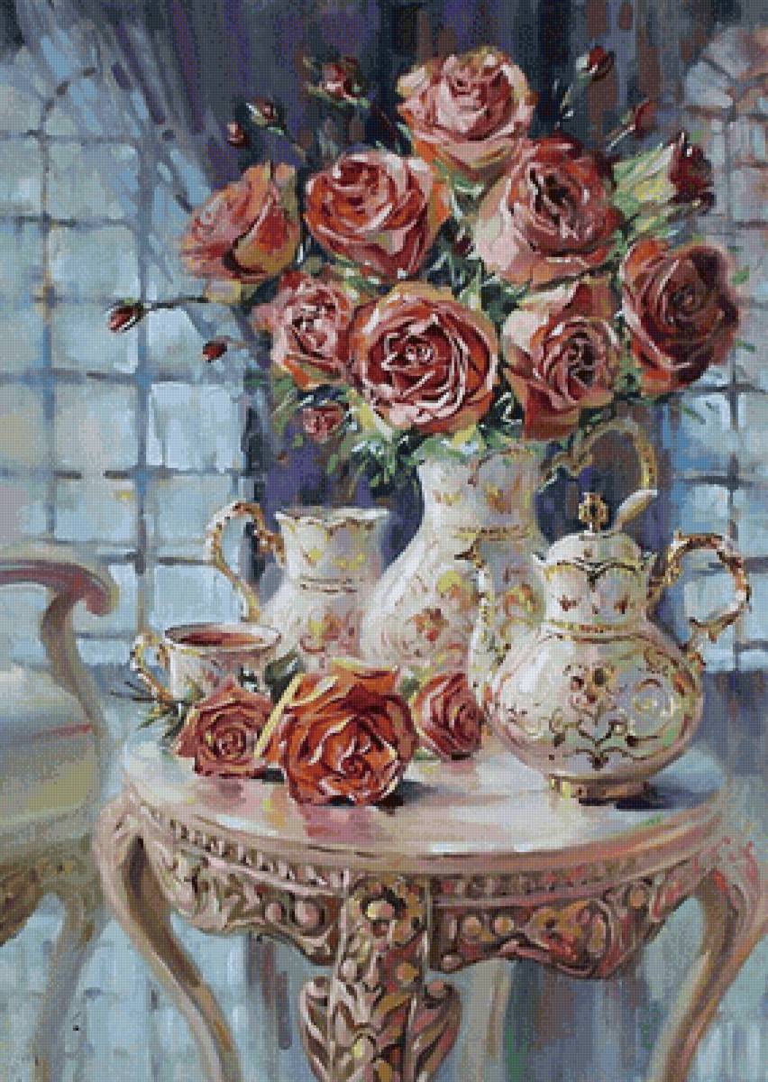 Букет роз в вазе - розы, букет, картина, цветы - предпросмотр