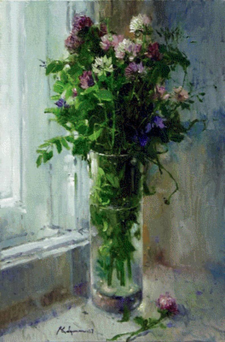 Картина_букет_клевер - картина, клевер, живопись, васильки, букет - предпросмотр