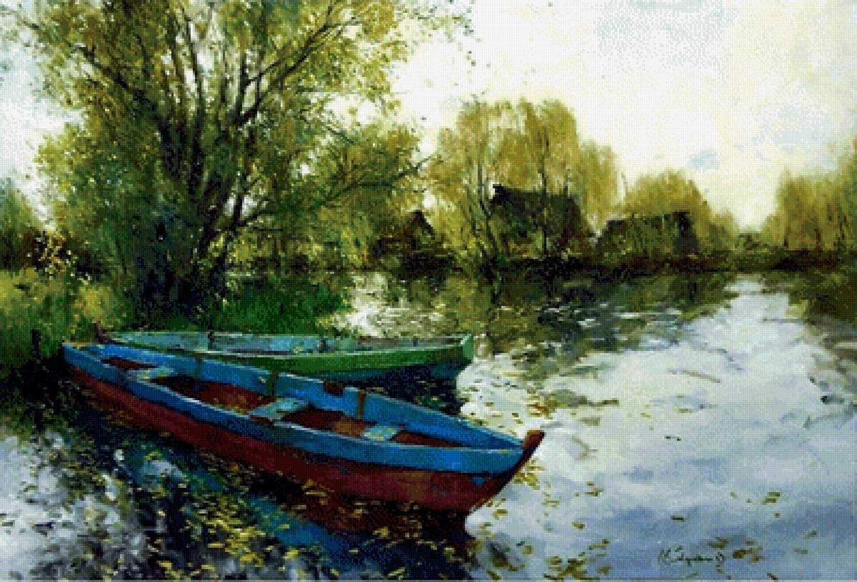 Картина_лодки_пейзаж - картина, лодки, река, осень, деревня, пейзаж, живопись - предпросмотр