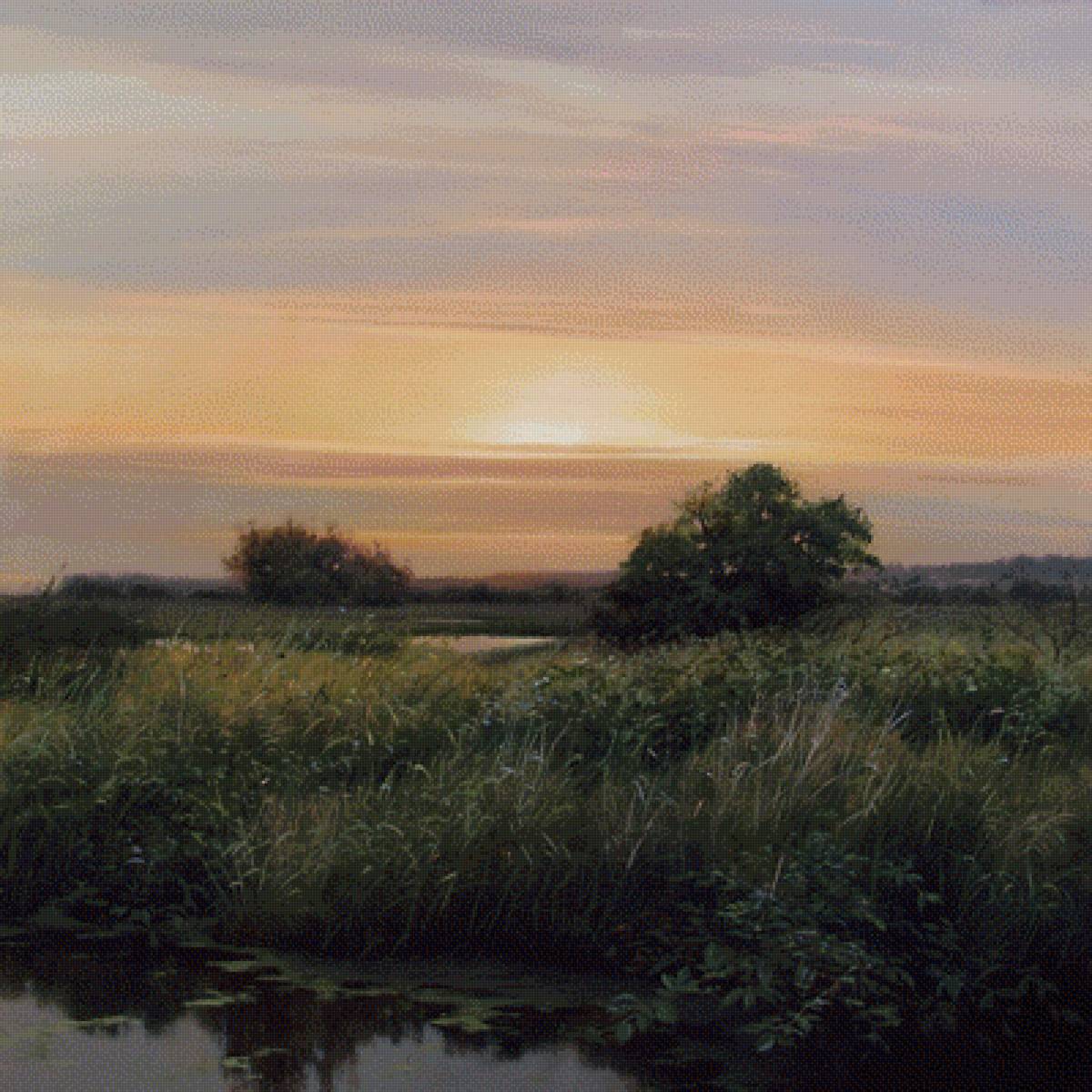 Левитан_2 - картина, луг, река, пейзаж, восход - предпросмотр