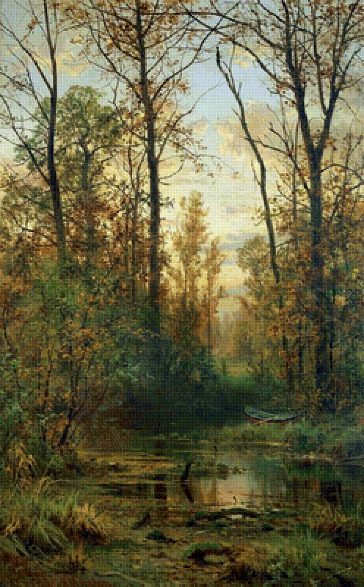 Лесная заводь - лес, картина, пейзаж, река, лодка - предпросмотр