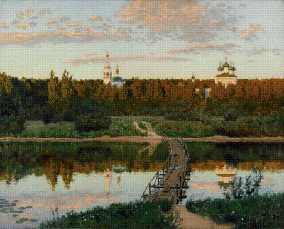 Левитан_тихая обитель - река, церковь, живопись, пейзаж, картина, монастырь - предпросмотр