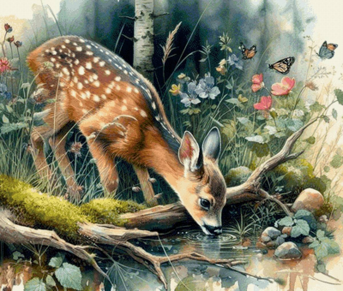 Оленёнок у ручья - животные - предпросмотр