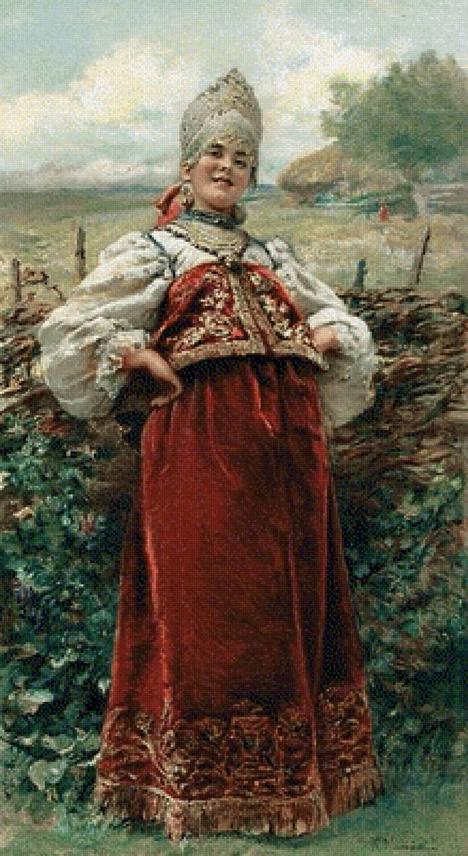 Маковский - розы, деревня, девушка, поле - предпросмотр