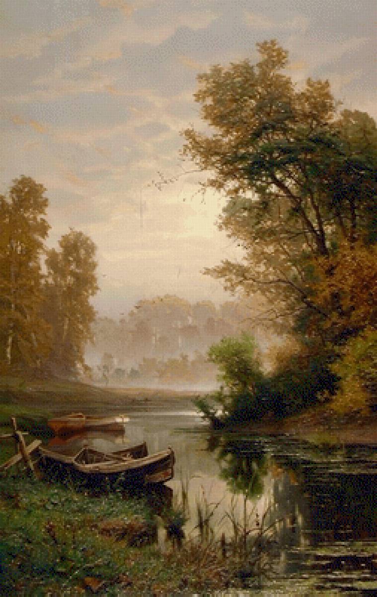 речка - лодка, речка, лес - предпросмотр