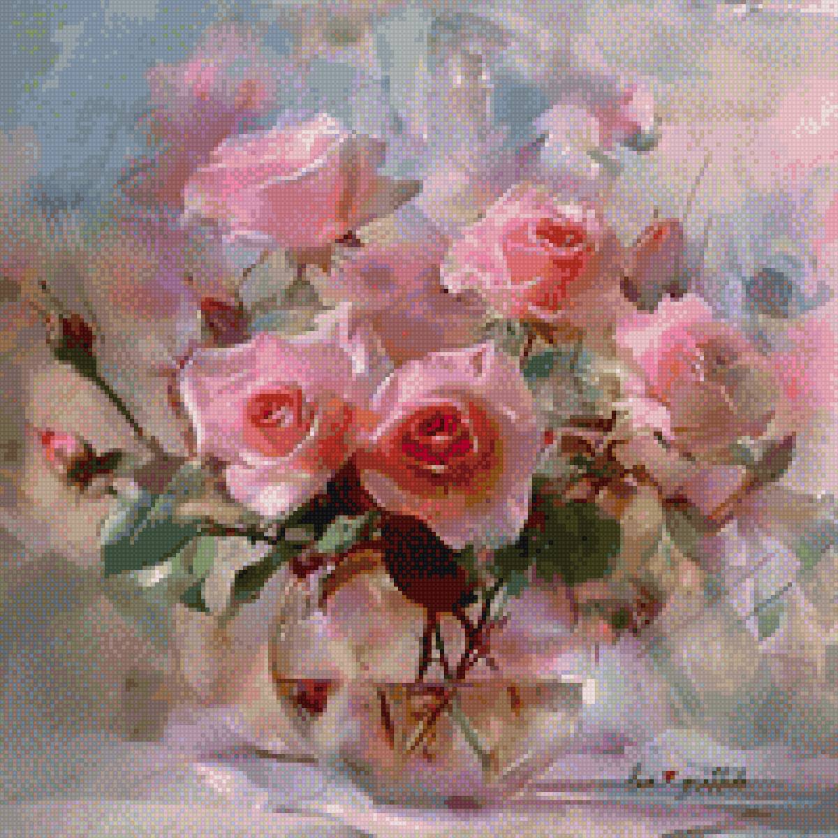 Букет роз в вазе - розовое, букет на столе, розы, ваза - предпросмотр