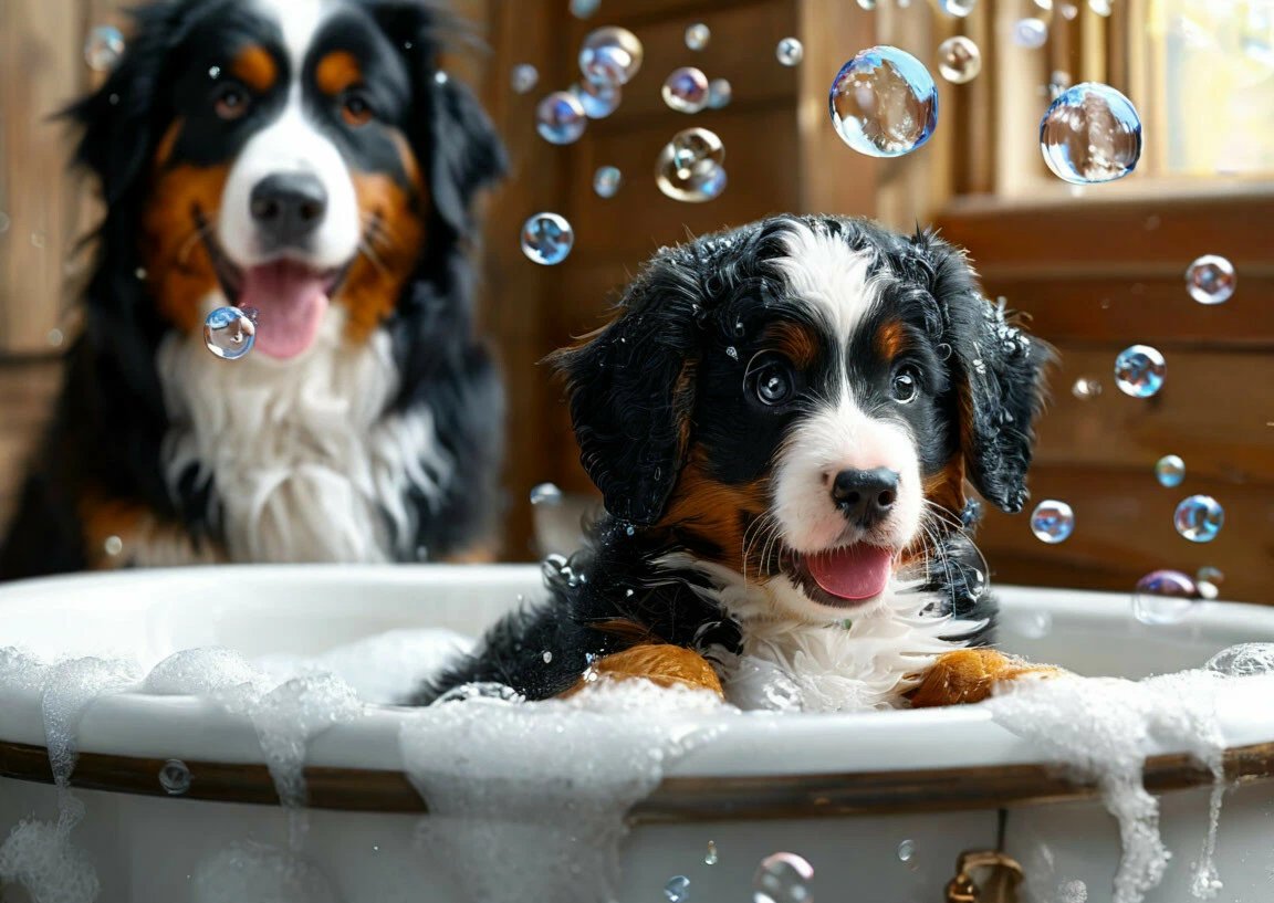 Бернский Зенненхунд - , мыльные пузыри, щенок, купание, бернский зенненхунд, собака - оригинал