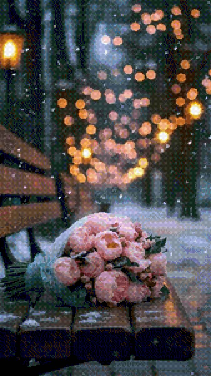 Розы на скамейке - новый год, цветы, розы - предпросмотр