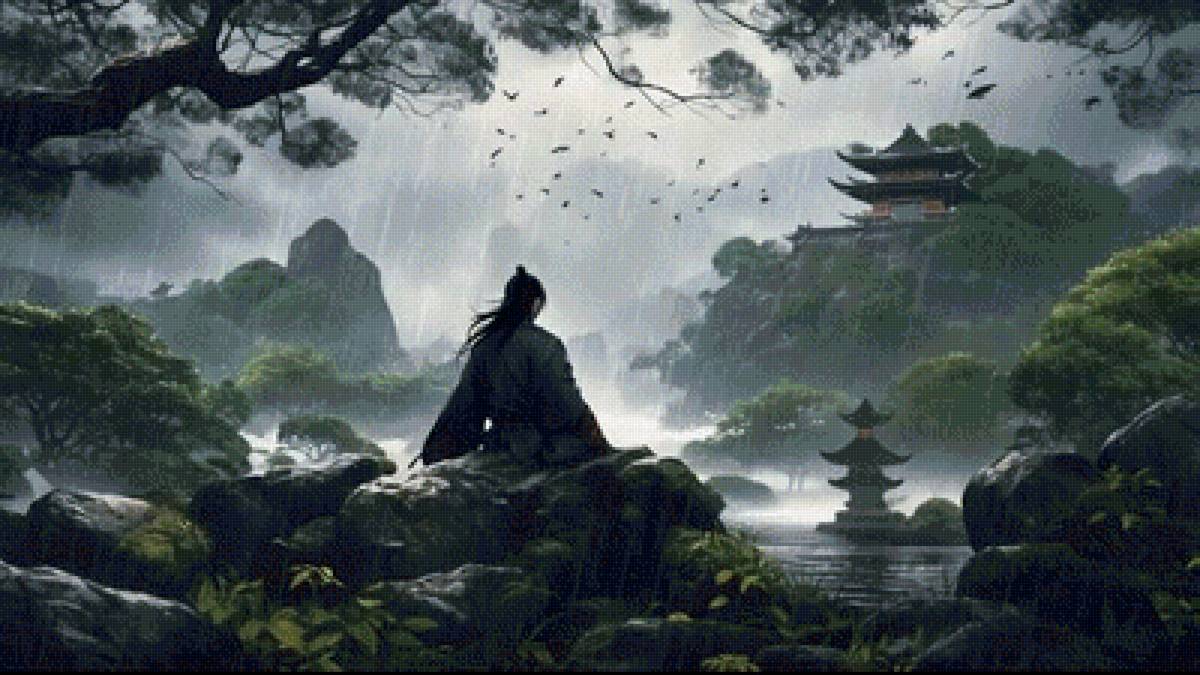 Одинокий самурай - япония, самурай, одиночество, дождь - предпросмотр