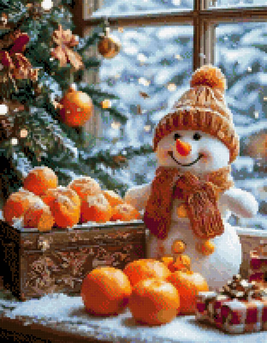 Снеговик и мандарины - снеговик, новый год, мандарины - предпросмотр