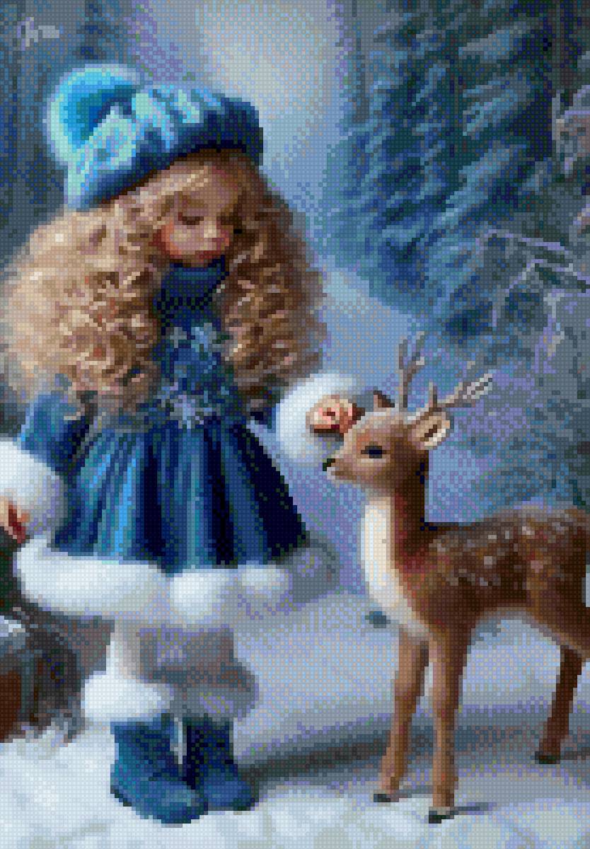 Девочка и оленёнок - животные, люди, новый год - предпросмотр