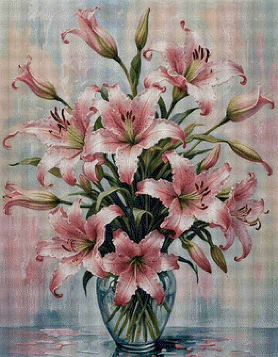 Розовые лилии - ваза, цветы, лилии, букет - предпросмотр