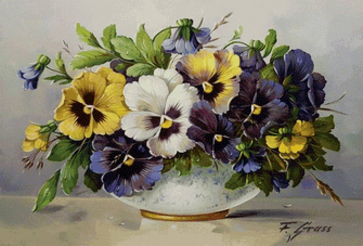 Анютины глазки в вазе - букет, анютины глазки, цветы, ваза, живопись - предпросмотр