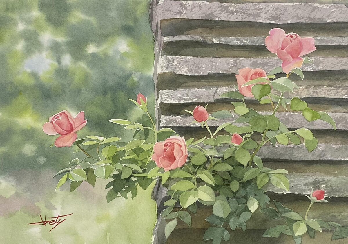 Абе Тошиюке_5 - акварель, картина, пейзаж, природа, розы - оригинал