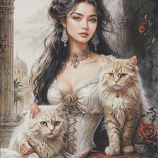 Схема вышивки «Девушка с кошками»
