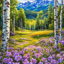 Схема вышивки «Фиалки на фоне горы»