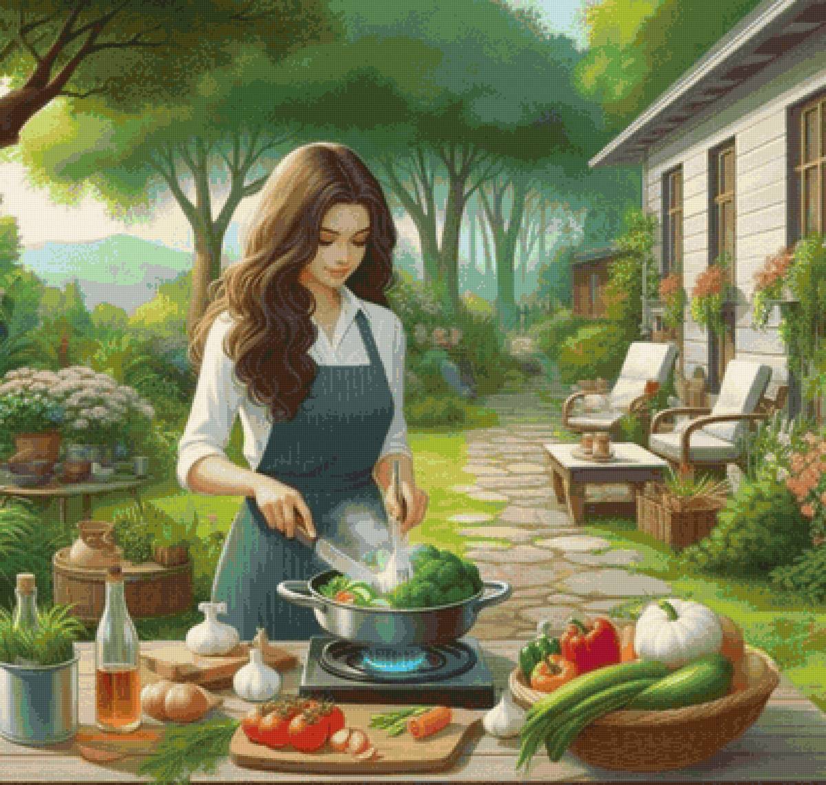 Cocinando en el campo - persona, chica, paisaje - предпросмотр