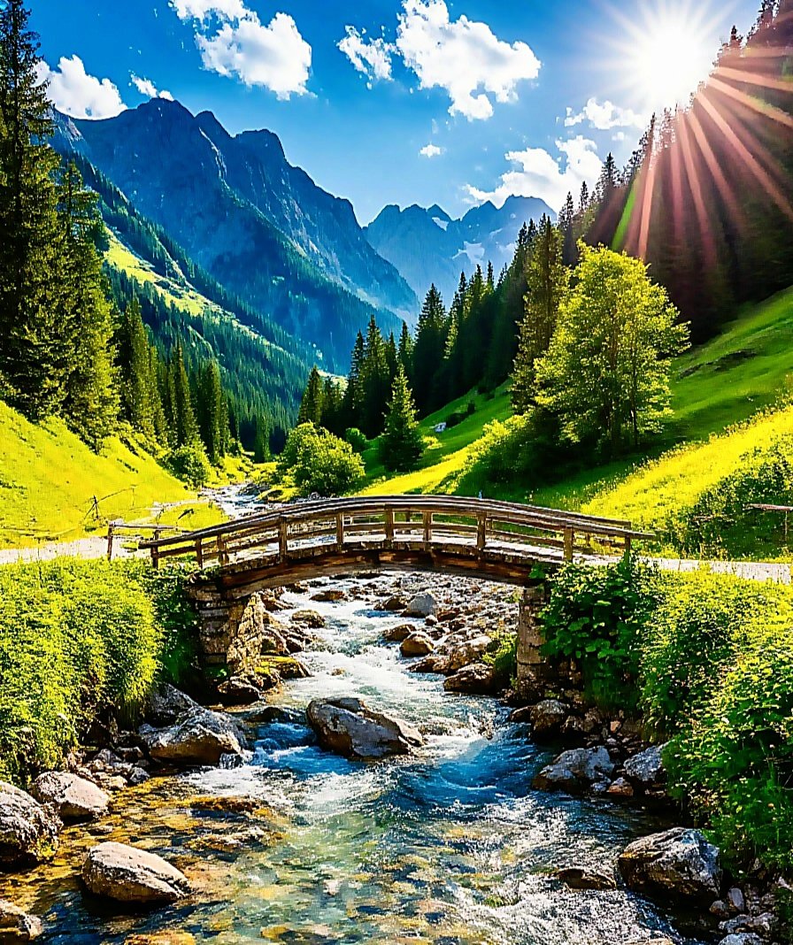Где -то в горах - горы, ручей, пейзаж, мост - оригинал