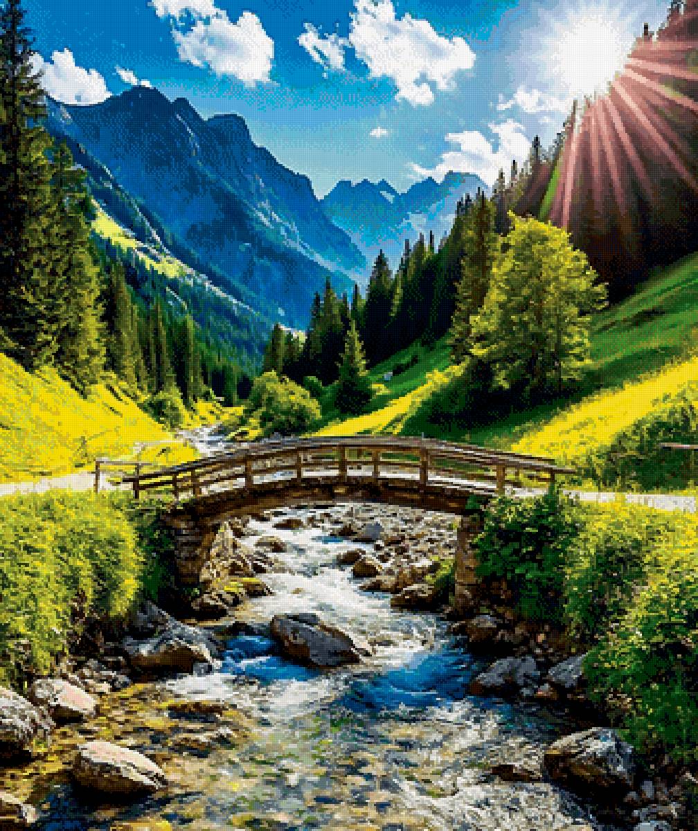 Где -то в горах - мост, ручей, горы, пейзаж - предпросмотр