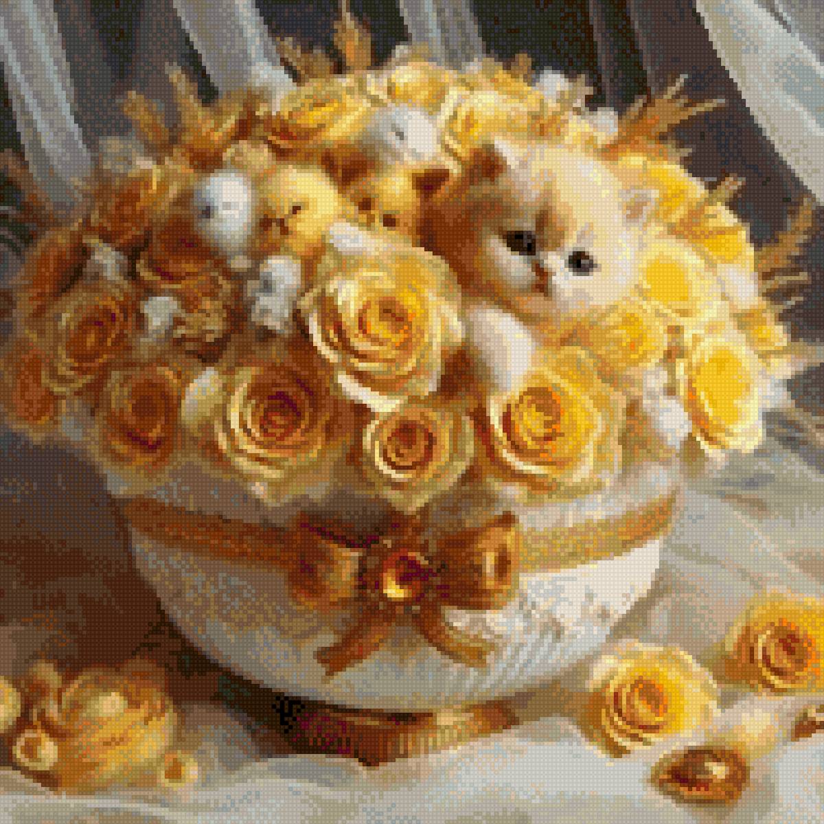 Жёлтый букет - котенок, цыплята, розы - предпросмотр